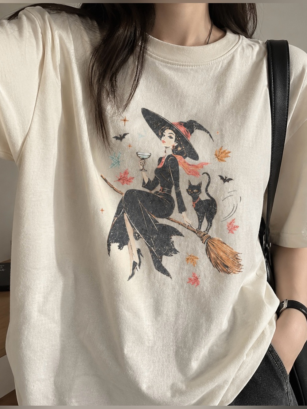 Chic Witch Martini Black Cat Halloween Spooky Season Fall Graphic Tee